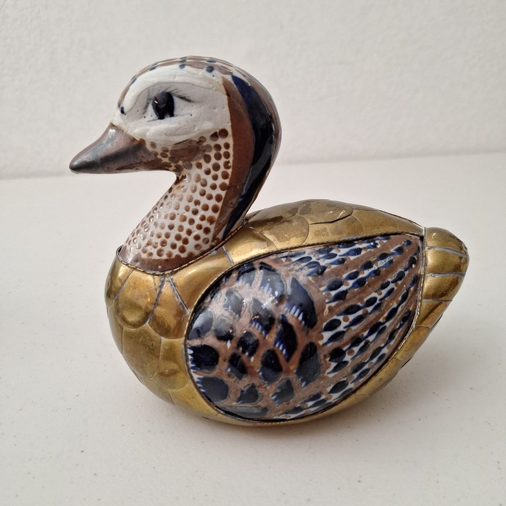 Vintage Mexican Tonala Pottery & Brass Duck Bird Handpaint Sculpture 7" x 6"